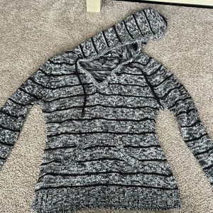 Black/gray sweater with hood. Size large fits like small.